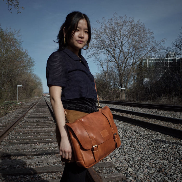 Elegant English tan leather briefcase for work or business trips
