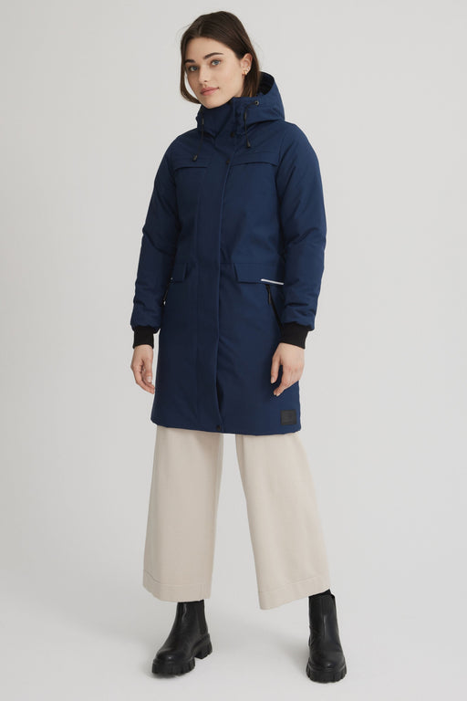 Manteau marine pour femme. Manteau d'hiver chaud et isolé. Longueur au dessus des genoux. Manteau au tissu imperméable