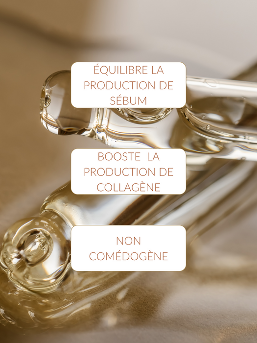 bénéfices du sérum peau mixte: equilibre la production de sébum, booste la production de collagene, non comédogène