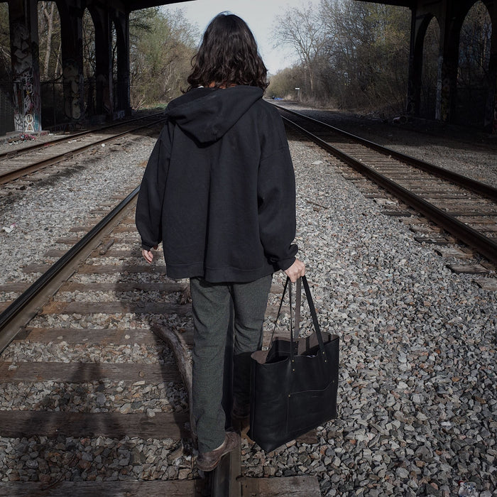 Black leather shopper for stylish workdays
