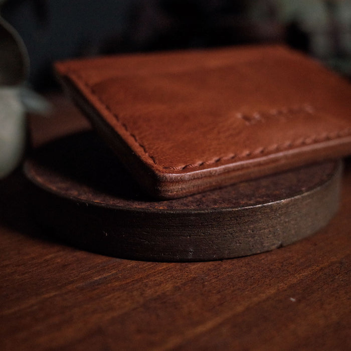 Custom leather wallet in cognac for everyday use
