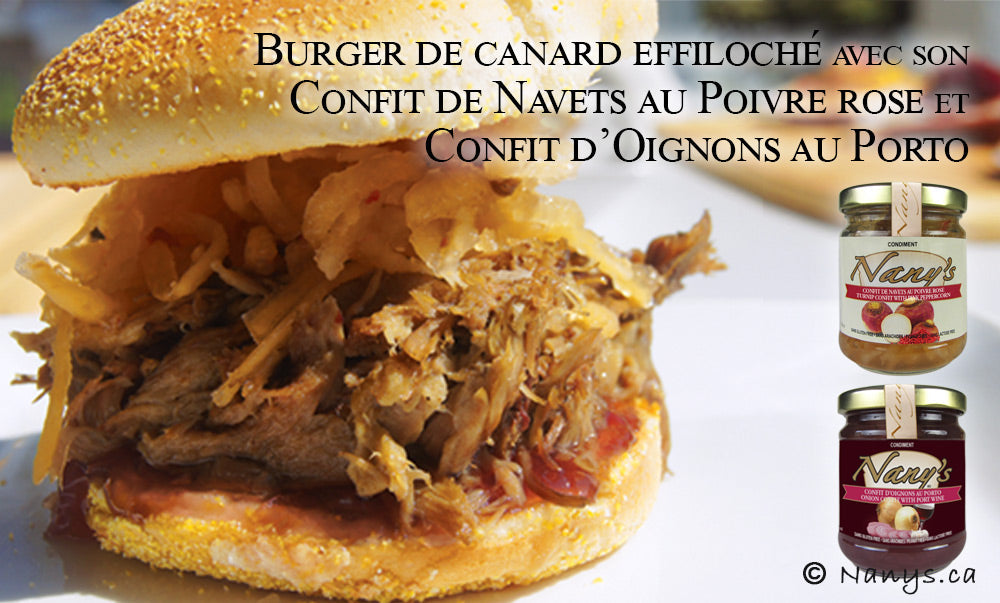 Burger de confit de canard avec Confit de navets au poivre rose et Confit d'oignons au porto