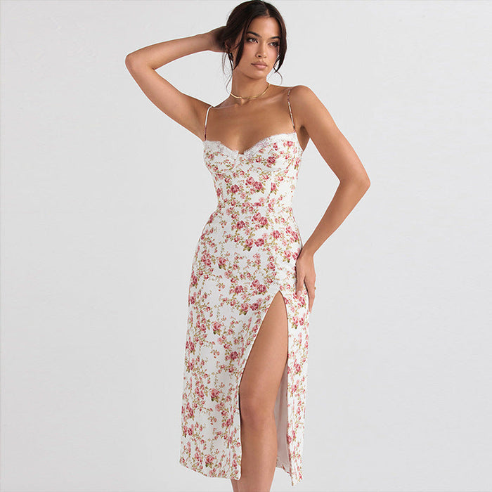 Robe longue en dentelle imprimée de fleurs