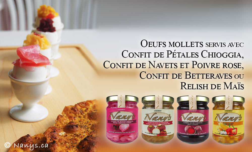 Oeufs mollets servis avec Relish de maïs, Confit de betteraves, Confit de navets et poivre rose, et Confit de pétales chioggia