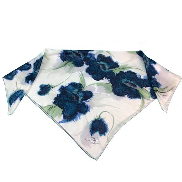 Foulard carré de soie blanc fleurs marines